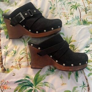 UGG Black and Brown Mules with Buckle Detail